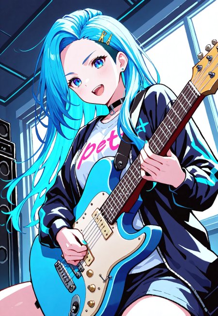 sarah, long hair, blue eyes, Playful blue hair, perfect for a whimsical and artistic persona. Bold undercut hairstyle, with shaved sides and longer hair on top for a striking contrast. Passionately playing guitar, expressing creativity and music. Vibrant Neon Colors