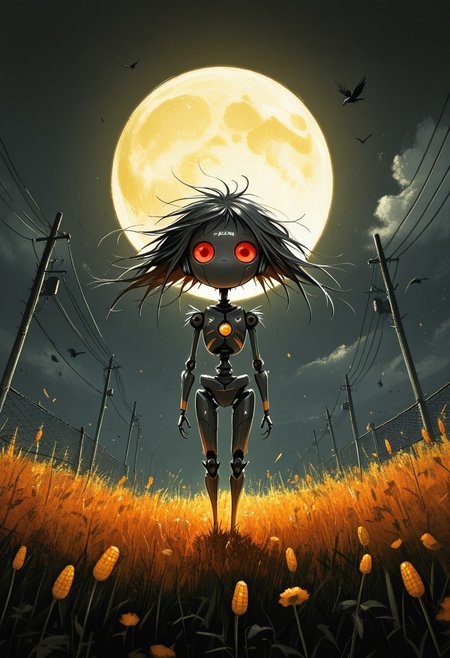 Dark whimstical A  a humanoid robot with glowing eyes, standing in a field of corn with a large, glowing yellow moon in the background. The robot has a slender, metallic body and is holding two birds in its arms. The sky is a vibrant mix of orange and yellow hues, with a few clouds scattered across it. The image has a dark, moody atmosphere. The style is reminiscent of sci-fi and fantasy art..    
,photorealistic,masterpiece, best quality, amazing quality, very aesthetic, perfect eyes, 24yo, ( dramatic lighting) ,
,1girl, solo, looking_at_viewer, red_eyes, outdoors, sky, night, bird, glowing, moon, robot, glowing_eyes, full_moon, backlighting, fence, silhouette, dark, string, power_lines, utility_pole, crow, horror_\(theme\), wire, huge_moon