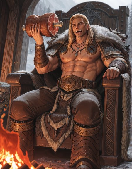 masterpiece, best quality,high quality, newest, highres,8K,HDR,absurdres, dynamic angle, realistic, 1boy, iLLemanR40K, solo, fangs, necklace, abs, Viking outfit, pelts, sitting on a throne, holding a haunch of meat, Viking hall, large bonfire,  <lora:iLLemanR40K:1>