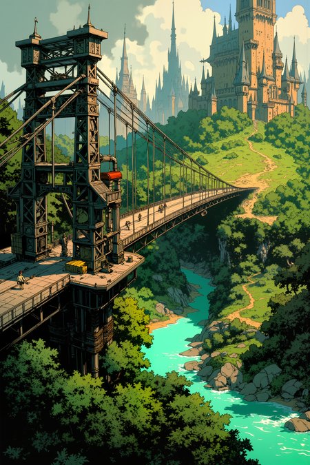 a futuristic, high-tech bridge spanning over a lush, green forest. The bridge is constructed from a complex network of metallic structures, pipes, and cables, giving it a highly industrialized appearance. The bridge's supports are massive and robust, made of dark, metallic materials that contrast sharply with the vibrant greenery below. The forest is dense and verdant, with various shades of green foliage and occasional patches of sunlight filtering through the canopy.In the background, towering over the bridge, are the imposing, castle-like structures of a futuristic city. These buildings are adorned with sharp, pointed spires and intricate architectural details, suggesting a mix of medieval and modern design elements. The cityscape is bathed in a soft, golden light, casting long shadows and adding depth to the scene.The foreground features a turquoise, almost luminescent body of water, likely a river or canal, flowing beneath the bridge. The water's surface reflects the sunlight, creating a shimmering effect. The overall color palette is dominated by greens, blues, and metallic grays, with highlights of orange and gold from the sunlight. The image combines elements of fantasy and science fiction, blending futuristic technology with natural beauty.<lora:Ev_Ganin:0.4><lora:Vintage comic book:0.4><lora:RetroAnimeFluxV1:0.15><lora:Greg_Capullo_style:0.4><lora:jeanClaude_Mzires_Style_FLUX-000001:0.4><lora:Flux_Ink_Anime:0.4>