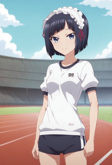 score_9, score_8_up, score_7_up, score_6_up, score_5_up, score_4_up , anime coloring ,BREAK source_anime, anime,screencap,
 1girl, solo, miyukik, headdress, gym uniform, white gym shirt, gym shorts, <lora:PonyXL Miyuki Kujou V2:1>
outdoors, track field,
smile, looking at viewer,