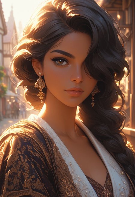 score_9, score_8_up, score_7_up, score_6_up, 1girl, solo, dark hair, tan skin, medieval town, arrogant, proud, elegant, fancy clothing, intricate clothes, close up,  looking at viewer,  sunlight, hair over on eye, front view,
