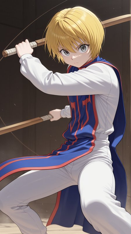 masterpiece, best quality, amazing quality, 1boy, solo,  <lora:IlluKurapika:1> illukurapika, blonde hair, short hair, grey eyes, white pants, white long sleeves, tabard, red trim, fighting stance, holding weapon, dual wielding, wooden sword,
