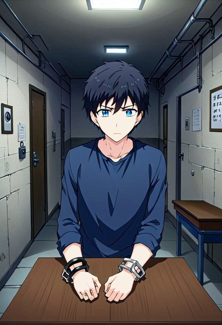 high resolution, solo, best quality, 1Boy, Arata Kaziaki, Black Hair, Blue Eyes, handcuff, introgation room, table, basement, fugitive,