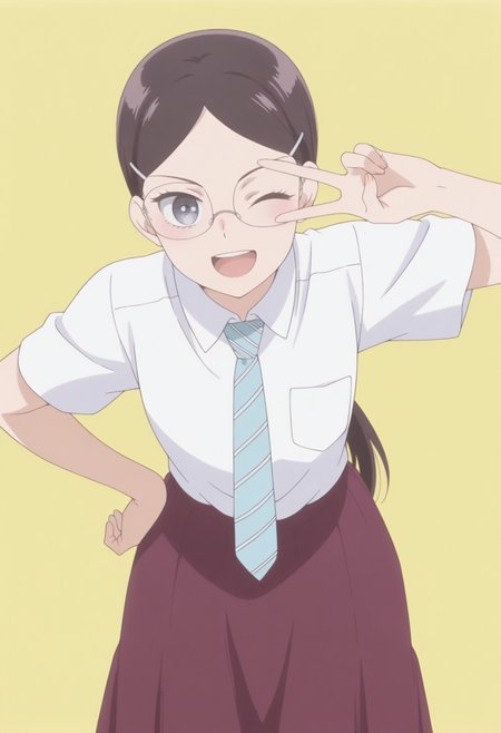 anime screencap, anime coloring, <lora:DX888RikaIL:1> sonezaki rika, grey eyes, black hair, long hair , ponytail, parted bangs, hairclip, BREAK simple background, yellow background,  BREAK  glasses, school uniforme, white shirt, striped necktie, skirt,  BREAK     1girl, ;d, hand on own hip,  leaning forward, looking at viewer, one eye closed, open mouth, smile, solo, standing, v, v over eye,
