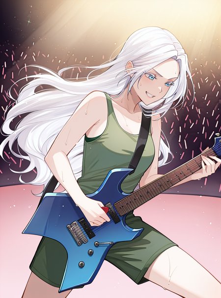 (masterpiece), (best quality), (ultra-detailed), (best illustration), (best shadow), (absurdres), (very aesthetic), 1girl, solo, <lora:Dahlia-éä¸:1>, dahlia-emp, silver hair, azure eyes, long hair, <lora:B.C.Rich_Warlock_guitar_Concept_for_Illustrious:1>, w4rl0ck, instrument, electric guitar, holding instrument, playing instrument, holding plectrum, stage, green shorts, green tank top, sweat, clenched teeth, smile, blue makeup