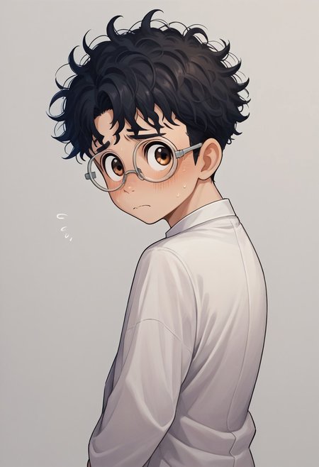 score_9, score_8_up, score_7_up, source_anime, highly detailed, young, 1boy, solo, cute boy, okarun, black hair, curly hair, brown eyes, glasses, school uniform, gakuran, back pants, shy, nervous