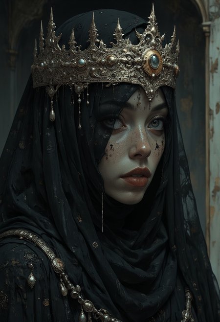 ((dark atmosphere, dark gray filter)) close up view
Dark Queen, gorgeous lips, dark red lipstick,((in a dark robe with her face completely hidden under a heavy fabric)). ((the eyes and the floor of the face are covered with a cloth))
On the head rises a luxurious crown with exquisite details. Gothic crown of the night queen.(The crown is tightly worn on the head) The atmosphere is dark and mystical, accentuated by dramatic lighting and deep shadows
high_detailed, captured in high detail