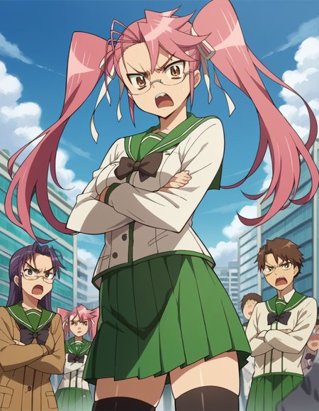 score_9, score_8_up, score_7_up, source_anime,
sayatakagi, <lora:saya-takagi-ponyxl-lora-nochekaiser:1>,
saya takagi, long hair, ribbon, twintails, brown eyes, hair ribbon, pink hair, glasses, angry, shouting,
skirt, thighhighs, school uniform, serafuku, zettai ryouiki, green skirt, bowtie, long sleeves, black thighhighs, black bowtie,
outdoors, cityscape, zombies, crowd, people, crossed arms,
looking at viewer, cowboy shot, dutch angle,