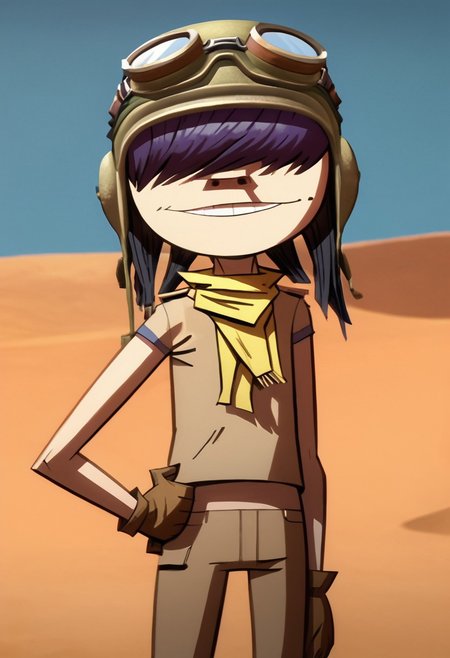 score_9, score_8_up, score_7_up, BREAK, source_cartoon, 1girl, n00dlegorillaz, solo, dark hair, purple hair, short hair, bangs over eyes, bangs, helmet, goggles, goggles on head, scarf, shirt, gloves, pointing, hand on hip, smile, desert, cowboy shot