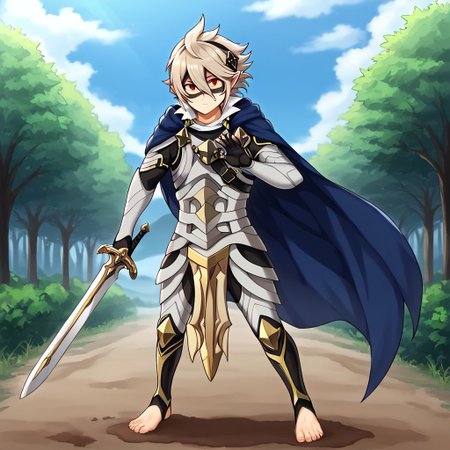 masterpiece, best quality, sharp aliasing, highly detailed, blue cape, armour, black gloves, outdoors, day, muddy ground, tree, bush, barefoot, toeless legwear, armoured legwear, stirrup legwear, 5 toes, Quality, High Definition, Full body view, solo, Tamaki Amajiki, pointy ears, dark blue hair, hair between eyes, hood, mask, male, male body, EPfeCorrin, sword, sword in hand, sword stance
