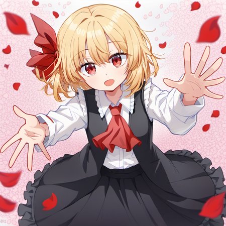 1girl, rumia, by kodoto, ascot, black skirt, black vest, blonde hair, darkness, frilled shirt, frilled skirt, frills, hair ribbon, long sleeves, looking at viewer, outstretched hand, petals, reaching, reaching towards viewer, red ascot, red eyes, red ribbon, ribbon, shirt, short hair, skirt, solo, vest, white shirt,