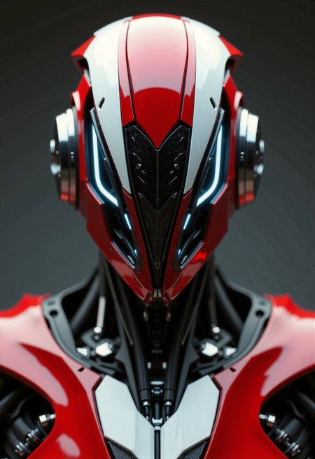 in the style of ckfa, Photorealistic detailing a faceless android inspired by the aggressive design language and color scheme of a Ducati Maisto Panigale V4 S Corse motorcycle. Dynamic three-quarter view, head slightly tilted as if assessing a target. The faceless android features a sharp, angular helmet design with a central V-shaped faceplate constructed from segmented plates in glossy racing red and stark white, accented with matte black sections and subtle carbon fiber textures. These plates are angled, forming complex geometric facets, their edges glowing faintly with a cool white neon energy. Extremely intricate mechanical neck and upper torso visible, showcasing layered plating mimicking aerodynamic motorcycle fairings in red, white, and gunmetal. Exposed actuators, braided wiring resembling hydraulic lines, and complex joints fashioned from dark steel and brushed aluminum are visible beneath the panels. Set against a solid dark grey, softly blurred backdrop. Dramatic cinematic lighting highlights the interplay between glossy paint, matte surfaces, and metallic components. Extreme detail, hyperrealistic textures, (shallow depth of field:0.8).