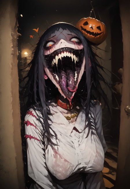 safe_pos, score_9, score_up_8, masterpiece, best quality, explicit, 
hasshaku-sama, mature woman, large woman, tall woman, sagging breast, enormous breast, long hair, black hair, horror (theme), collar bone, bony body, skinny, anorexic, fall season, trees, red yellow and orange leaves, falling leaves, night,  Expressiveh,  
 teeth, tongue, open mouth, horror, blood, (((stiches, scars))), black tongue, very long tongue, black tears, full body, tr1ck0rtr3at, holding, halloween bucket, doorway, street background, white bloodstained dress, white sunhat, covered breasts