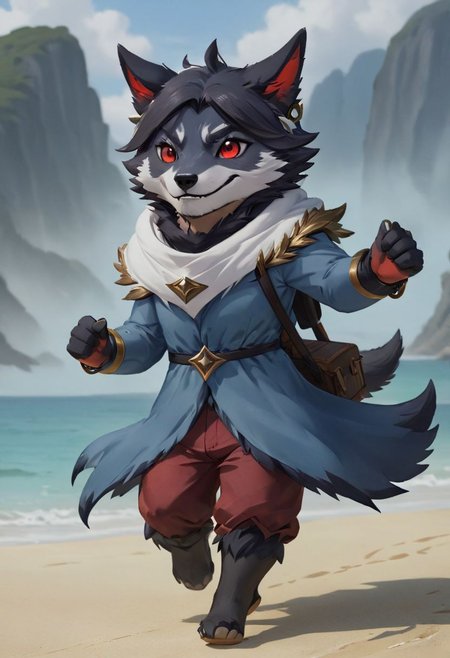 furry wolf, gray wolf, chibi, 
bad Wolf, with red eyes,  beach,
pants or shorts, furry body
full-length frontal view, flight phase during running, legs above the ground, wind blowing the cloak, fast running,
Hyperrealistic art high-quality portrait flat matte drawing of a cute Nendoroid and cartoon style, anime flat style, thick drawing, medium close-up", (solo:1.2), photorealistic:1.5, 8k, texture skin, realistic skin, detailed skin, highest detailed, extreme detailed, 8k wallpaper, colorful, (dark magic), ring with the stone, (intricate details), (hyperdetailed), 8k hdr, high detailed, lot of details, high quality, soft cinematic light, atmospheric perspective (focus on), color Ink wash painting, Extremely high-resolution details, photographic, realism pushed to extreme, fine texture, incredibly lifelike, two people, two children