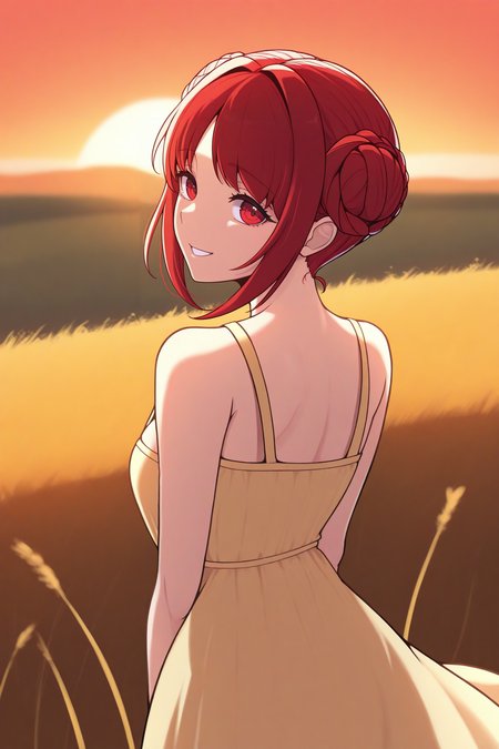 masterpiece, best quality, 1girl, solo, <lora:femonica-illu-nvwls-v1-000006:1> basemc, red hair, short hair, double bun, braided bun, red eyes, yellow sundress, from behind, sunset, looking at viewer, smile, field