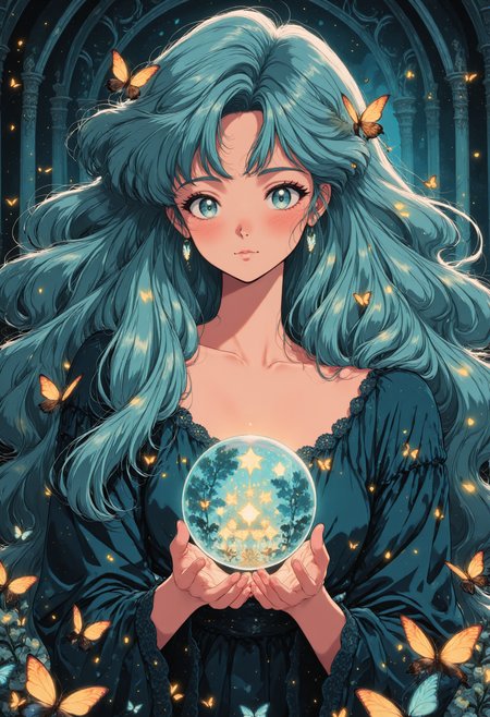 pinkretroanime, A woman with shimmering teal hair, holding a crystal orb, surrounded by floating fireflies and soft twilight hues; detailed and intricate.