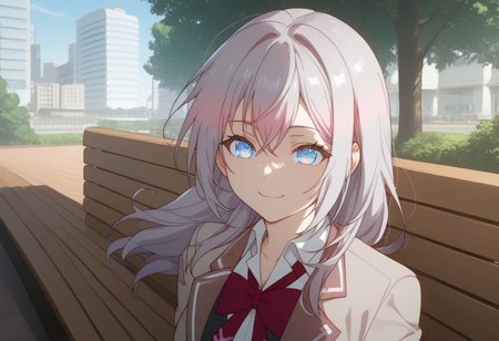 score_9, score_8_up, score_7_up, source_anime, 
Detailed face, detailed eyes, very detailed, good quality, Expressiveh 
BREAK
city park, trees, benches, walking path
BREAK
1girl, solo, Alisa, long hair, bangs, blue eyes, hair between eyes, flirty smile, grey hair, school uniform, skirt, thigh highs, sitting, sitting on nech, wind blowing, hair blowing