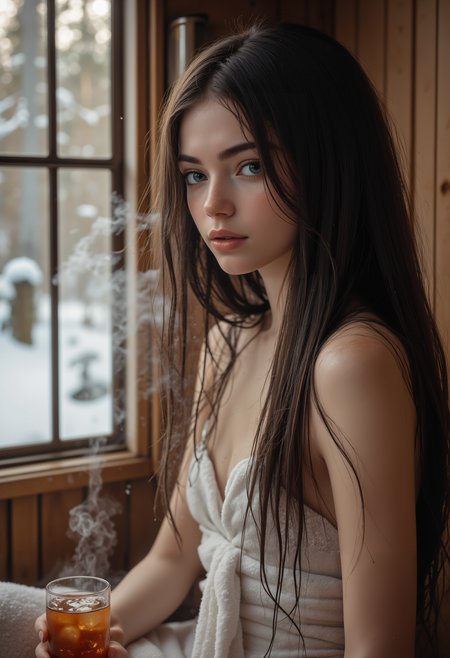 portrait of a beautiful 20-years-old european woman with black long hair, large round blue eyes, glossy lips, pale skin. She is thin, slender, petite.
She sits, her legs up, inside a sauna. smoke and mist all around her.
Her skin flushed and slick with sweat. 
Her hair is damp and clinging to her forehead, where sweat gathers and drips in steady streams. 
She has a soft white towels wrapped around her waist. her long hair cover and hide her breasts and nipples.
She's drinking a glass of iced tea.
The background is a sauna in an old hunters cabin in the woods.
Outside the window a beautiful snwoy scene on a sunny day
dreamwave, aidmaMJ6.1