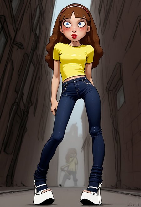 score_9, score_8_up, score_7_up, score_6_up,  (ultra HD quality details), low angle view, bielegraphics, 
solo, 1girl, morticiasmith, 
standing in street, 
brown hair, long hair, hairband,
blue eyes, white sclera,
white skin, pale skin, makeup, lipstick, red lips, 
blush, shy,
garter belt, stockings, white platform pumps, yellow shirt, jeans,
