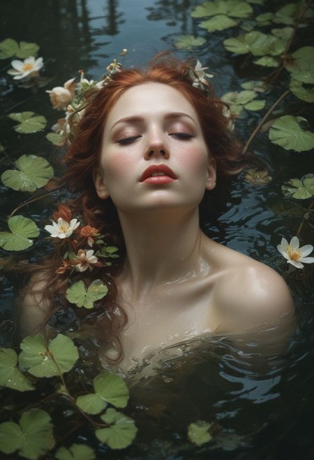 Ophelia's dream, Low saturation color photography, vintage, grunge, top light, masterful painting in the style of Anders Zorn | Marco Mazzoni | Yuri Ivanovich, Todd McFarlane, Aleksi Briclot, oil on canvas