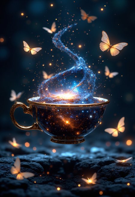 A floating teacup made of liquid mercury, with a galaxy swirling inside it instead of tea. The teacup levitates in mid-air, held up by invisible forces. Surrounding the teacup are ethereal, glowing butterflies with translucent wings, each reflecting fragments of stardust and light. The atmosphere is calm and otherworldly, with the teacup slowly rotating, making the galaxy within it appear to be in constant motion. Tiny stars occasionally break free from the cup, drifting into the surrounding void.    <lora:FluxMythP0rtr4itStyle:0.8> MythP0rt,  <lora:aidmaImageUpgrader-FLUX-V0.1:0.33> detailmaximizer, <lora:aidmaMJ6.1-FLUX-V0.1:0.6> midjourneyv6.1, <lora:midjourney_whisper_avant_couture_v01:0.33> midjourney_whisper_avant_couture,