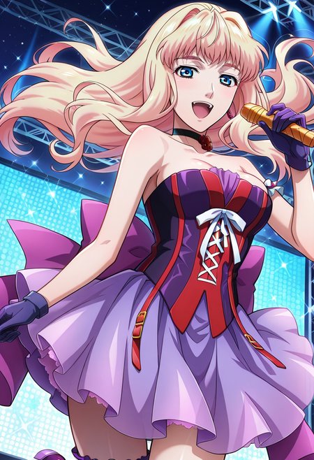 concert, stage, 
BREAK,
open smile, looking at viewer, singing,
cowboy shot, dynamic angle,
BREAK,
<lora:sherylX_illustriousXL_v01:0.99>
sheryl nome, sherylidol, blonde hair, gradient hair, blue eyes,
bare shoulders, sleeveless, purple gloves, purple skirt, flower choker, corset, corset top, purple high-low dress, 
one thighhigh, asymmetrical legwear, ribbon tail, armband,
purple footwear, purple shoes,
holding microphone,, source_anime, very aesthetic, anime coloring, masterpiece, 
best quality, amazing quality, ultra detailed, very aesthetic, 
detailed background, 
BREAK,