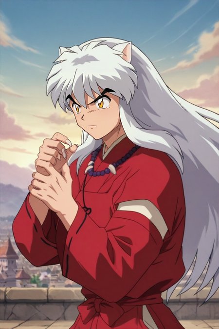 score_9, score_8_up, score_7_up, source_anime, rating_safe, , (realistic:0.6), , depth of field, 1boy, solo, male focus, <lora:inuyasha_pony:0.98>, inuyasha, white hair, yellow eyes, long hair, animal ears, dog ears, fingernails, sharp fingernails, , , , from side, palace, day, clouds, (dynamic pose), tearing up, , <lora:sdxl_lightning_8step_lora:1>