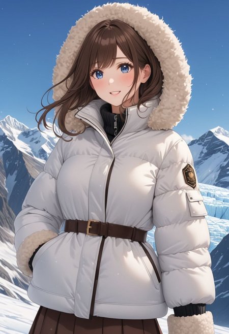 ((((white Oversized shearling down jacket)))), ((((white Oversized shearling puffer jacket)))), ((((white Oversized shearling winter clothes)))), ((((very very cold, in cold)))), ((((semi-realistic)))), ((((feet out of frame)))), ((((puffer hood)))), ((medium knee office skirt, pantyhose, boots)))), ((sharp eyelid, eyeliner, eyelashes, beautiful detailed eyes, tsurime, long messy brown hair, blue eyes, perfect anatomy)), smile, standing, icefield, dynamic pose, ((((masterpiece)))), ((((best quality)))), ((intricate details)), RAW, 8K UHD, (1girl), office lady, detailed face, beautiful face, charming, bonny, (((blush))), (((heavy breathing))), (((feels orgasm))), wind, (Thick padded collar:1.4), (TSH:1.4), (Thick padded cuffs:1.4)