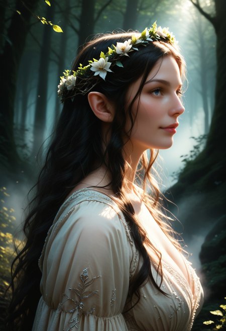 (score_9, score_8_up, score_7_up), 1girl, MILF, solo, gorgeous girl, detailed face, kawai girl, Expressiveh, <lora:add-detail-xl:1>, cute face, cute girl, Curvaceous Physique, easynegative, forest,tall trees, fog,  enchanted forest,  perfect quality, high quality, ambient occlusion, raytracing, source_anime, shining glossy skin, soft lighting, realistic skin, blum effect, masterpiece, absolutely eye-catching, 
 Lúthien, (masterpiece), best quality, expressive eyes, perfect face, black hair,  ((pointy ears:0.6)), perfect eyes, silhouette, light particles, view from side, long flowing hair, ((Lord of the Rings elven dress intricate)), simple medival dress, linen dress, flower crown, steam, fog,
