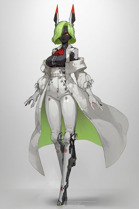 score_9, score_8_up, score_7_up, score_6_up, score_5_up, score_4_up, BREAK, source_anime, solo, 1girl, rating_safe, ((mature female)), ((long green flowing hair)), mechanical parts, (big backwards folded mechanical rabbit ears), mature female, (bunny ears), (animal ears), subdermal port, ((milf, mature female, big breasts)), hexagon lines in skin, naval uniform overcoat, naval uniform, white military uniform, dress_uniform, ribbons, ((red eyes)), bunny tail, rabbit tail, aiguillette, ((green hair)), ascot, ((Ground level (from the side) view Close shot)), latex pilot suit, shoulder cutout, bunny rabbit Tail, ((hair over one eye, )), digitigrade, clawed feet, minimal clothes, ((metal skin, shiny skin, vampire aesthetic, digital eyes, filled eyes, monochromatic eyes, glowing eyes, colored sclera, red sclera, mechanical eyes, partially shaded face, )), <lora:ECHANIS:1>,  <lora:IncaseLycoXL:1>