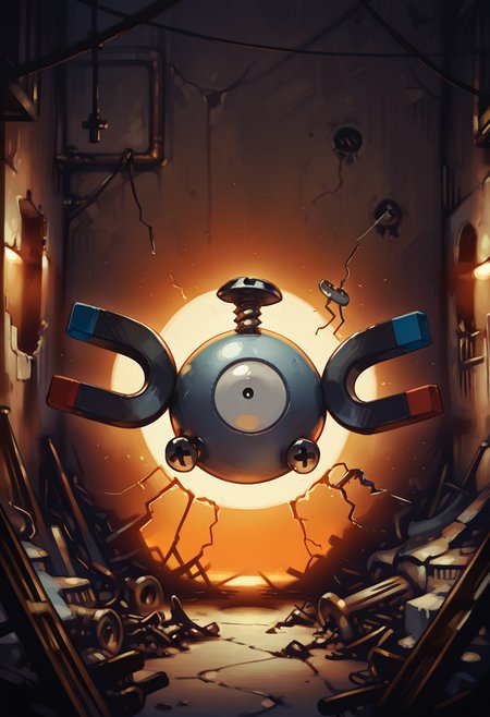 masterpiece, best quality, no humans,    zzMgnmt, junkyard at sunset, broken machinery, soft light, warm atmosphere, curious pose, piles of scrap, ambient haze â Amid heaps of discarded tech, Magnemite drifts slowly over rusted robot parts and broken screens. The setting sun bathes the scrapyard in gold, casting long shadows as it explores the relics of a forgotten age.  ,<lora:MagnemitePokedex_IXL:1.0>,