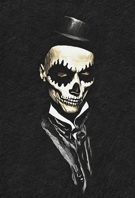 (semi realistic), score_9, score_8_up, score_7_up, score_6_up, easynegative, pencil drawing, black and white drawing, easynegative, BREAK, baron samedi, ((dark skin)), middle-aged male, (((solo))), black jacket, black top hat, white face paint, insane smile, dark eyes, bone necklace, gold earrings, jazz hands, BREAK, darkness, night, stars,