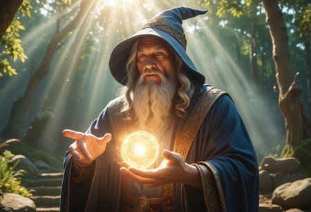 (medium full shot) of (medium shot , dutch angle) of powerful wizard summoning magic, detailed face, located in a magical scene at a mystical island during morning with sunny weather, illuminated by radiant beams, creating a mystical atmosphere, Masterpiece,best quality, photo, realistic, very aesthetic,
