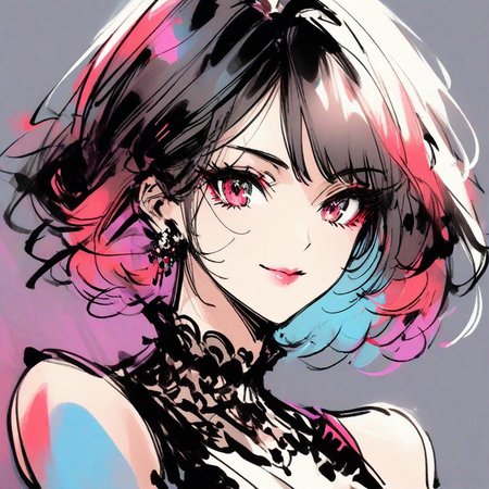 inksketch, a portrait of a woman, colorful, full body, beautiful red and black dress