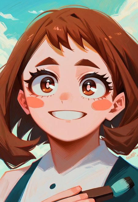 score_9, score_8_up, score_7_up, score_6_up, portrait  painting, brush strokes, aesthetic, black kitty ink blot on a pastel blue canvas, ochako_uraraka, brown hair, brown eyes, white pupil, blush stickers, smile, ANIMESTYLE, brush strokes