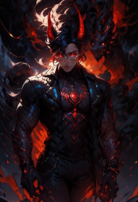 ((score_9, score_8_up, score_7_up,score_9, score_8_up, score_7_up)), (Masculine, Light/tan skin, Toned and 6'5 feet tall:1.4), 24 years old, Handsome face, smile face, perfect face, (((Black hair with neon red highlights))), ((Glowing neon Gold irises)), (Neon Red pupils), (White Sclera), shiny skin, Curley short haircut, ((2 spiral red horns)), (((Demon))), (Large muscle build), gages in ears, Neon tattoos on arms, wild hair, toned hips, ((fit look, large intelligent glasses)), ((Long Blue leather coat, dragon scale coat, black vest, black shirt, black pants)), shiny skin, dark aura, small light, warm lighting, (no nsfw) , stools, cowboy shot, dark dimension, black background, empty space, stars, dynamic action: one hand opened, (((explicit, beam, sole hyper bottomless hole, both her wings hole shooting one strong giant thick purple beam by absolute straight line,))), focus on hand