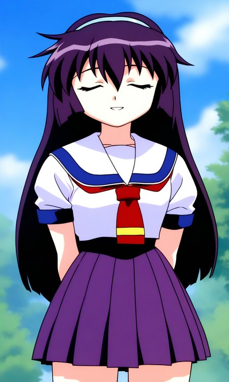 general,highres, ultra-detailed,very aesthetic,best quality ,best hands, BREAK  <lora:Amano_Misao_Pretty_Sammy_IS:1>
Amano_Misao, 1girl, solo, purple hair, long hair, bangs,  light blue hairband, closed eyes,  hair between eyes, 
school uniform, purple skirt, short sleeves, pleated skirt, 
sailor collar, red neckerchief,
smile, arms behind back, looking at viewer, parted lips,
sky, outdoor, day,