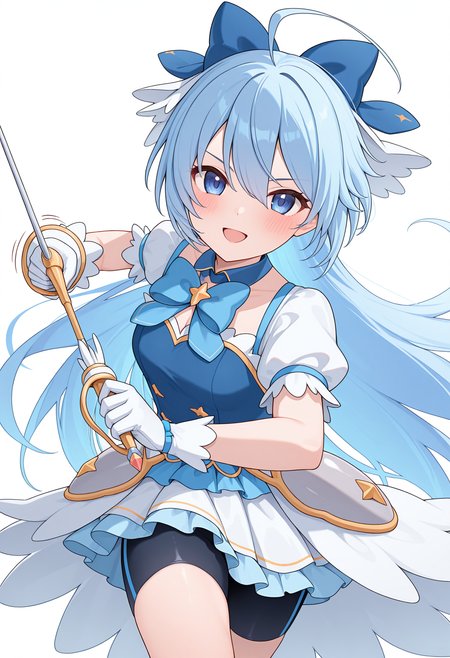 motion lines, holding rapier, dynamic pose, serious, smile, open mouth, blush, looking at viewer, pcrtomo, very long hair, ahoge, blue eyes, hair between eyes, ptomomag, blue hair, magical girl, blue bow, hair bow, sleeveless shirt, blue shirt, white sleeves, short puffy sleeves, detached collar, white gloves, overskirt, white skirt, blue skirt, hip armor, bike shorts, shorts under skirt, <lora:_tomo_pcr-elesico-ilxl-000013:1> highres, best quality, masterpiece,
1girl, solo,