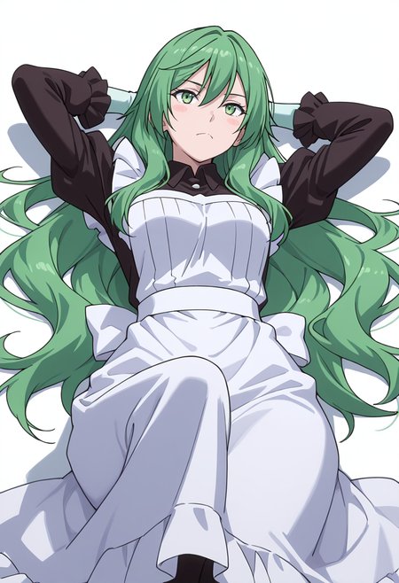 Smooth Quality,masterpiece,very intricate, high quality details, ultra realistic, high detailed skin,detailed enviorement,absurdres,
simple background, white background,solo,
lying down, hands behind head, one knee bent, relaxed expression, casual vibe,  ,from below,blush stickers,
 <lora:Misery_cnn:0.8> 1girl, green hair, green eyes, hair between eyes, frown, very long hair, sidelocks,dress, shirt,maid apron, puffy sleeves, long sleeves, juliet sleeves, enmaided,