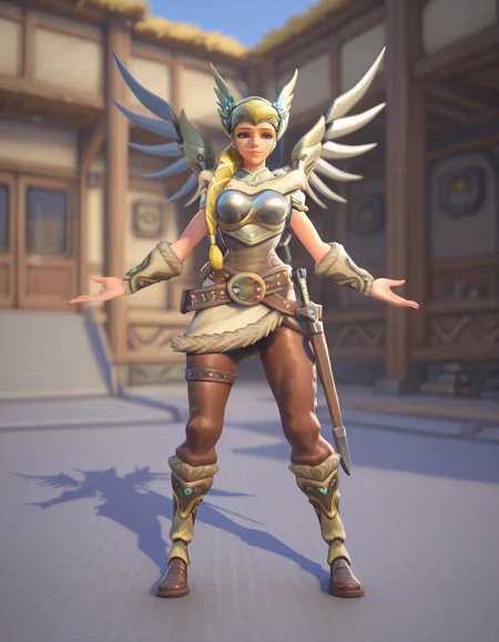 Masterpiece, high-res, 2k, best quality, 2.5d, 1girl, valkyrie mercy, mercy (overwatch) <lora:valk_mercy_illus-000043:1> Legs apart arms outstretched, Fairy tale village with whimsical cottages and friendly villagers.