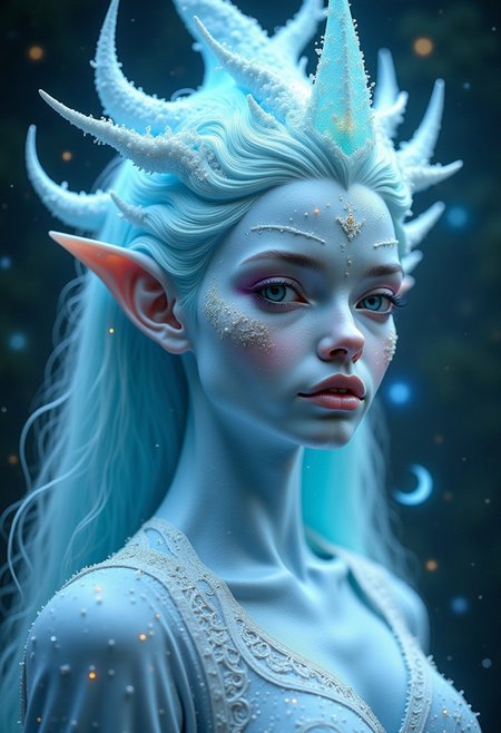 raw photo of an alien galaxy ruler women,blending light blue stardust and white hair,light blue skin,sharp thin ears,celestial astro beauty, galaxy, stars, crescent moon,realistic, intricate details, whimsical elements, exciting background,portrait ,looking at viewer