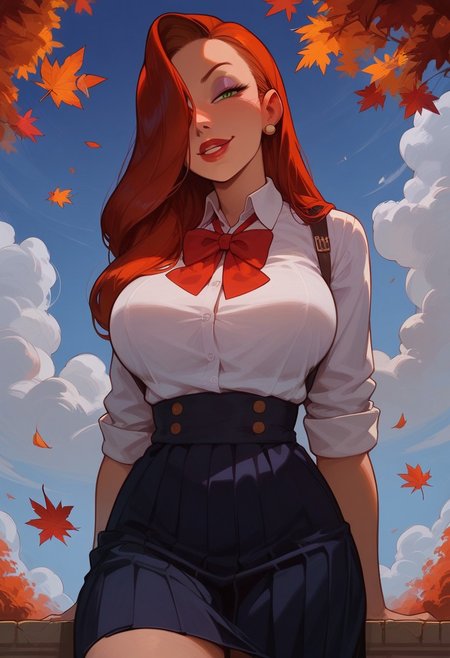 score_9, score_8_up, score_8. score_9, score_8_up, score_7_up, score_6_up, masterpiece, 4k, high quality, (best quality:1.1), ExpressiveH,  dutch angle
1girl, solo, jessica rabbit, red hair, hair over right eye, green eyes, large breasts, school uniform, shirt, skirt, standing, smiling, looking at viewer, mischievous smile
BREAK
school, outdoors, blue sky, white clouds, autumn leaves