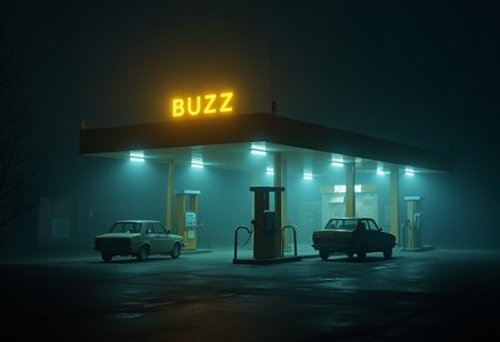 Abandoned gas station, windows lit up, foggy slightly covering the building, on top is yellow LED sign that says B U Z Z, cars are parked outside, night time, pitch black