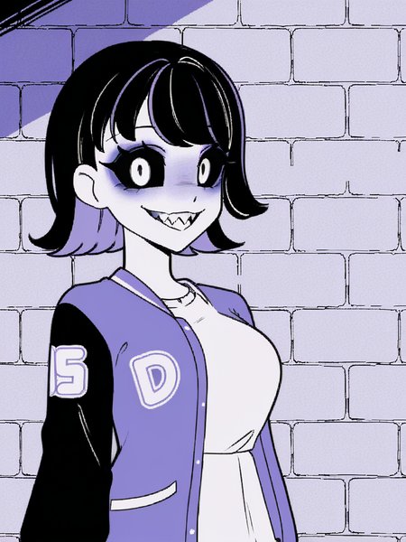 1girl, monochrome, purple theme, 

black hair, medium hair, two tone hair, purple hair,

standing, upper body, brick wall,
looking at viewer, sharp teeth, black sclera, black eyes,

white t-shirt, varsity jacket, 
