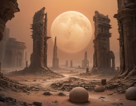 Beneath the eerie glow of twin moons, the ruins of what was once a bustling metropolis stretched endlessly across the arid landscape, their shattered walls resembling a colossal sculpture garden sculpted by time and erosion, b3ks1n