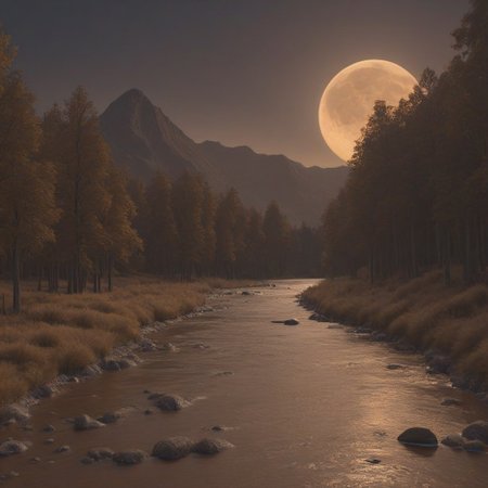 chocoslime, chocolate, blender style, 4k, a big, a beautiful landscape in octor, brown trees, brown mountains, river, night sky, moon