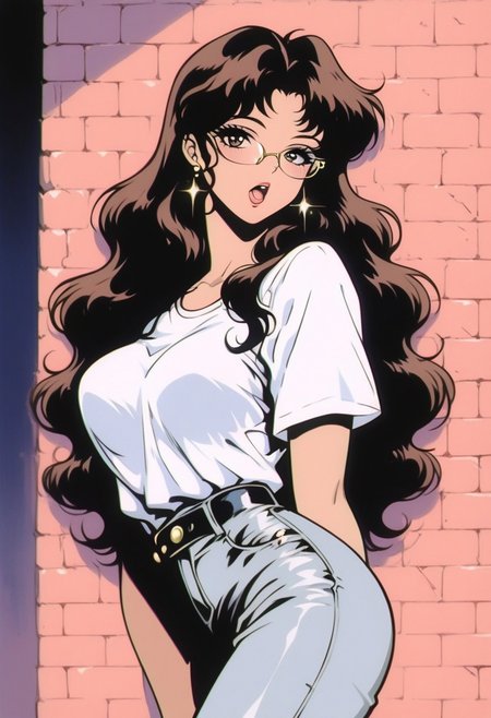 score_9, score_8_up, score_7_up, score_6_up, score_5_up, score_4_up, BREAK sourse_anime, retro anime style, detailed retro anime, 90's anime style, 1990s \(style\), Vintage, dreamy psychedelic anime, high quality, best quality, anatomically correct, masterpiece, BREAK 1girl, solo, from side, view from the back, BREAK brown hair, long flowing hair, glasses, beautiful teenage girl, BREAK red tube top,  tight flared denim jeans, BREAK busy city street, brick wall with graffiti,  cowboy shot, s1n0p0p