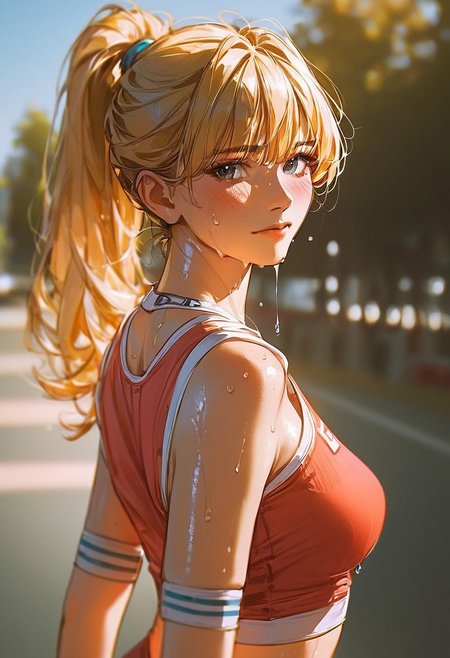 Score_9, score_8_up, score_7_up, score_6_up, score_5_up, score_4_up, 
((Best Quality)) (masterpiece) (details), sweat, sweating, shiny skin, dripping, 1girl, 
High ponytail, blonde hair, crop top, leggings, outdoors, mature female, beautiful detailed face and eyes, cute face, bangs long bangs, sport wear, Art8st, color theory, medium length face framing layers with bangs, tight clothes, depth of field, solo, semi-realistic, blushing, looking at viewer,