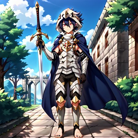 masterpiece, best quality, sharp aliasing, highly detailed, Quality, High Definition, <lora:EPfeCorrinPony:1>EPfeCorrin, blue cape, armour, black gloves, black pants, wearing pants, outdoors, day, stone ground, tree, bush, buildings, barefoot, toeless legwear, armoured legwear, stirrup legwear, 5 toes <lora:Amajiki_Tamaki__Pony:1>Tamaki Amajiki, pointy ears, red eyes, dark blue hair, hair between eyes, hood, mask, male, male body, sword, standing <lora:feet_anime_pony_v2:1>feet, dark blue toenails